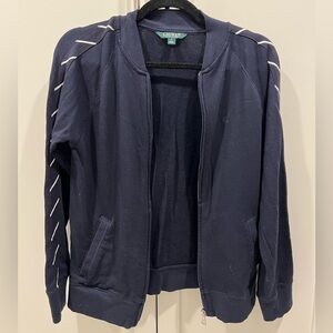 Lauren Ralph Lauren Zip Front Cotton Sweater with Striped Arm Detail. Size Med.